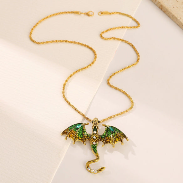 Alloy Animal Flying Dragon Shape Pendant Necklace With Oil Dripping Design Retro Disco Hiphop Style Unisex
