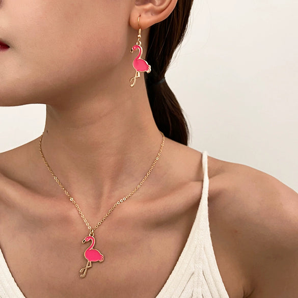 Alloy Animal Style Flamingo Bird Dripping Oil Pendant Necklace Earrings Set Accessories For Women