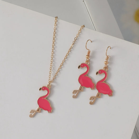 Alloy Animal Style Flamingo Bird Dripping Oil Pendant Necklace Earrings Set Accessories For Women