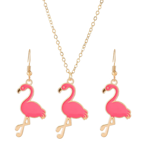 Alloy Animal Style Flamingo Bird Dripping Oil Pendant Necklace Earrings Set Accessories For Women