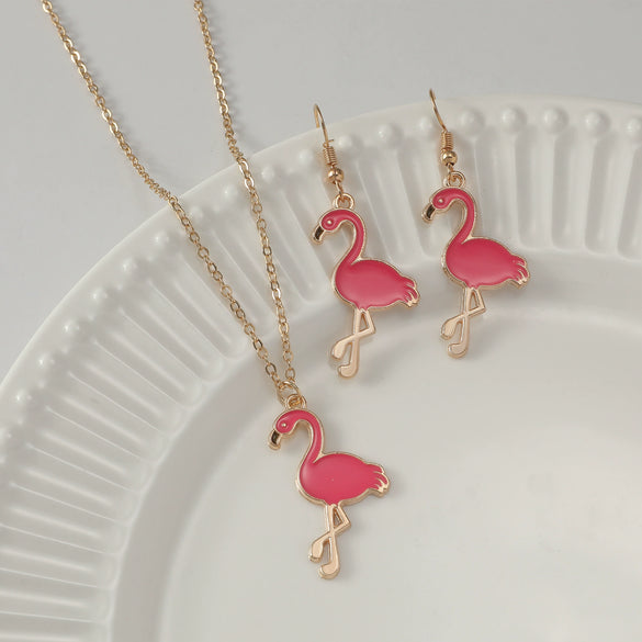 Alloy Animal Style Flamingo Bird Dripping Oil Pendant Necklace Earrings Set Accessories For Women