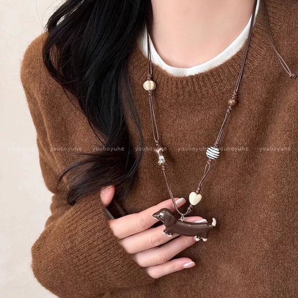 Alloy Animal Zodiac Cartoon Dachshund Pendant Necklace For Women Dripping Oil Design Fashionable Versatile Accessory