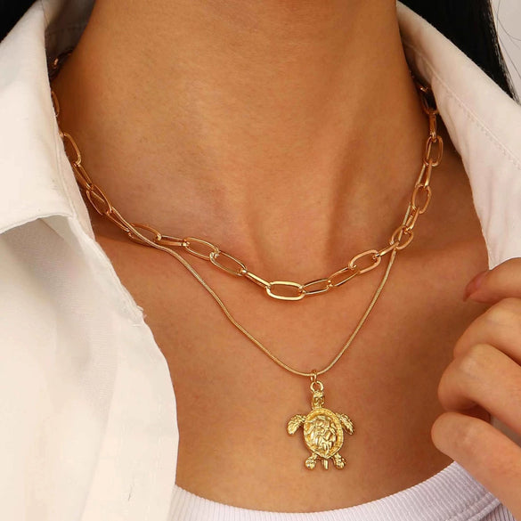 Alloy Animal Zodiac Pendant Doublelayer Chain Necklace Electroplated Ocean Style Jewelry