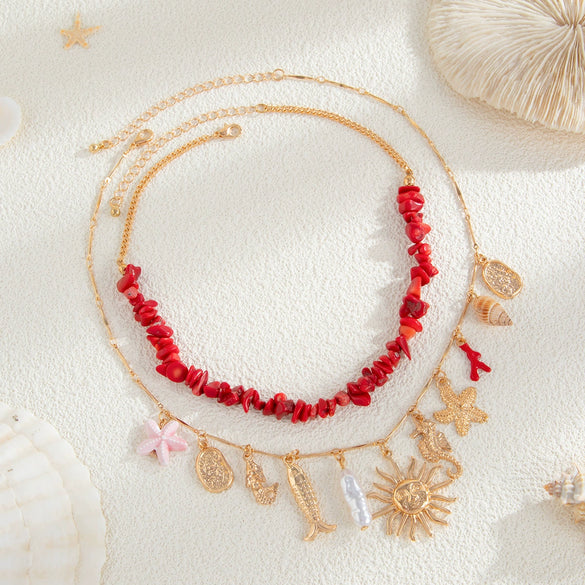 Alloy Animal Zodiac Style Starfish Conch Sun Fish Tail Necklace For Women Electroplated