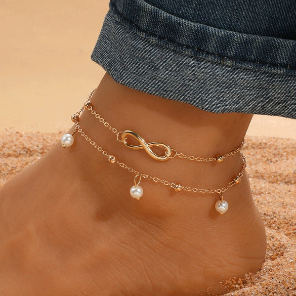 Alloy Anklet For Women With Retro Infinite Symbol And Letters Numbers Text Pattern Inlaid With Artificial Gemstone And Semiprecious Stone