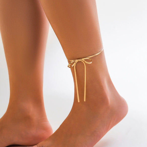 Alloy Anklet With Knot Ribbon Snake Bone Chain Bow Long Tassel For Women