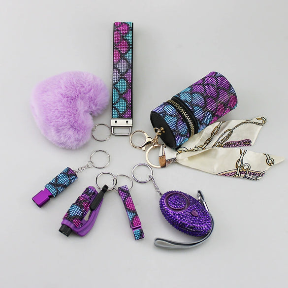 Alloy Antiwolf Whistle Fur Ball Diamond Keychain Bag Pendant Electroplated 7Piece Set