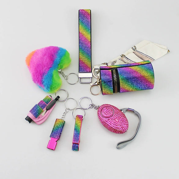 Alloy Antiwolf Whistle Fur Ball Diamond Keychain Bag Pendant Electroplated 7Piece Set