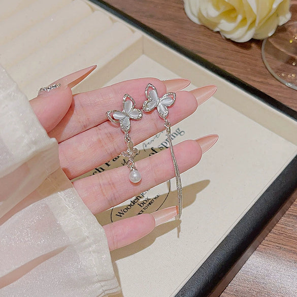 Alloy Asymmetric Butterfly Tassel Earrings Set With Precious Stones Animals Zodiac Style For Women