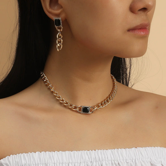 Alloy Bamboo Chain Hiphop Punk Women's Necklace Earrings Set Electroplated