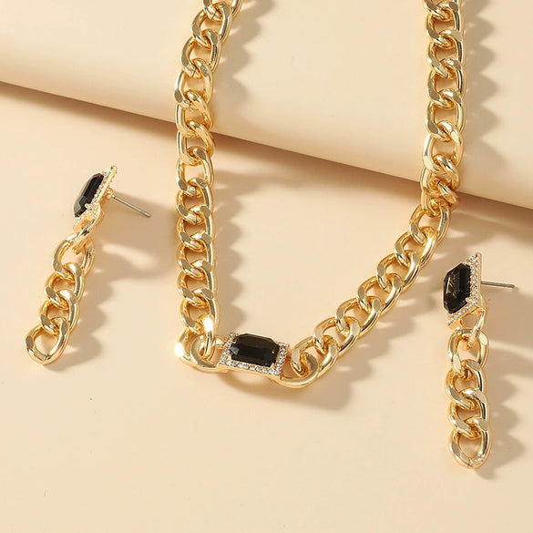 Alloy Bamboo Chain Hiphop Punk Women's Necklace Earrings Set Electroplated