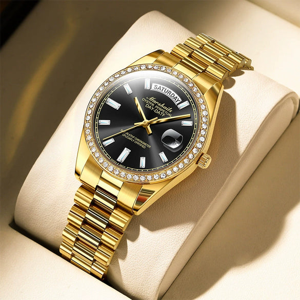 Alloy Band Automatic Hollow Fake Mechanical Luminous Calendar Waterproof Couple Watches With Round Dial
