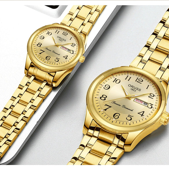 Alloy Band Calendar Waterproof Quartz Watch For Middleaged And Elderly Couples Round Dial Mineral Reinforced Glass Mirror