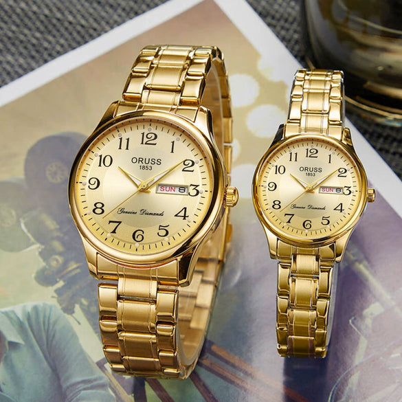 Alloy Band Calendar Waterproof Quartz Watch For Middleaged And Elderly Couples Round Dial Mineral Reinforced Glass Mirror