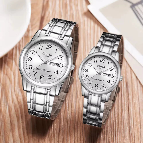 Alloy Band Calendar Waterproof Quartz Watch For Middleaged And Elderly Couples Round Dial Mineral Reinforced Glass Mirror