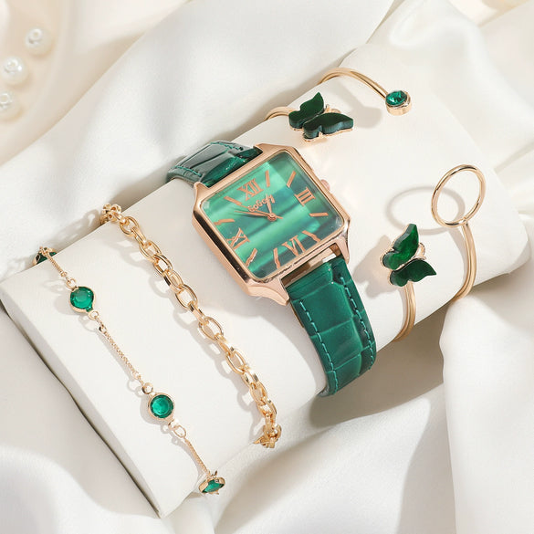 Alloy Band Fashion Female Emerald Green Round Dial Butterfly Bracelet Watch