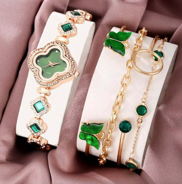 Alloy Band Fashion Female Emerald Green Round Dial Butterfly Bracelet Watch