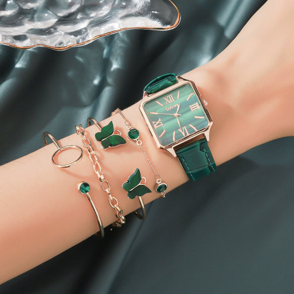 Alloy Band Fashion Female Emerald Green Round Dial Butterfly Bracelet Watch