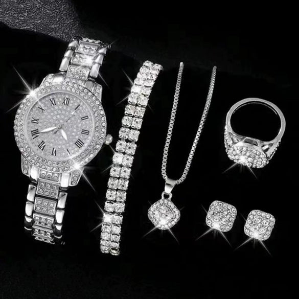 Alloy Band Quartz Watch With Roman Literal And Full Diamond For Women Leisure Style Round Dial