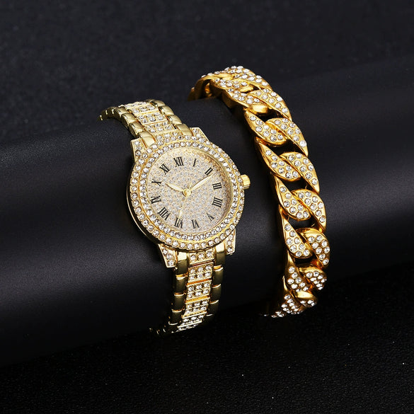 Alloy Band Quartz Watch With Roman Literal And Full Diamond For Women Leisure Style Round Dial