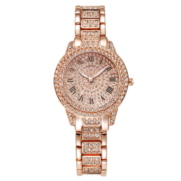 Alloy Band Quartz Watch With Roman Literal And Full Diamond For Women Leisure Style Round Dial