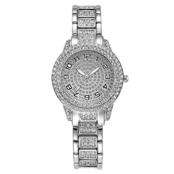 Alloy Band Quartz Watch With Roman Literal And Full Diamond For Women Leisure Style Round Dial
