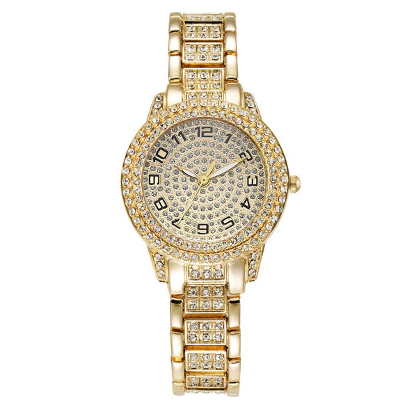 Alloy Band Quartz Watch With Roman Literal And Full Diamond For Women Leisure Style Round Dial