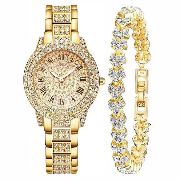 Alloy Band Quartz Watch With Roman Literal And Full Diamond For Women Leisure Style Round Dial