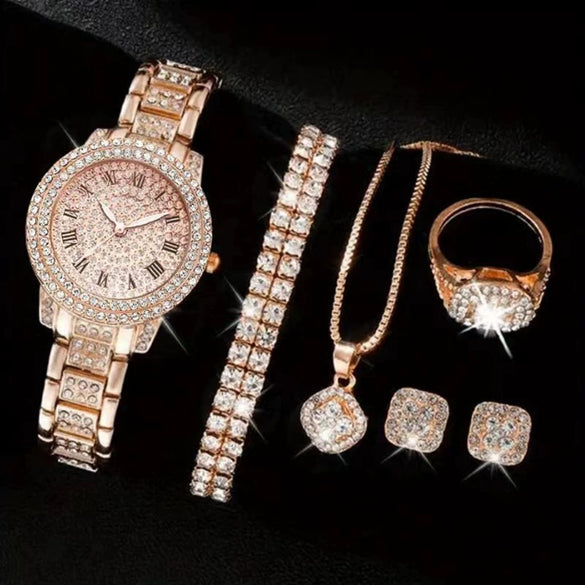 Alloy Band Quartz Watch With Roman Literal And Full Diamond For Women Leisure Style Round Dial