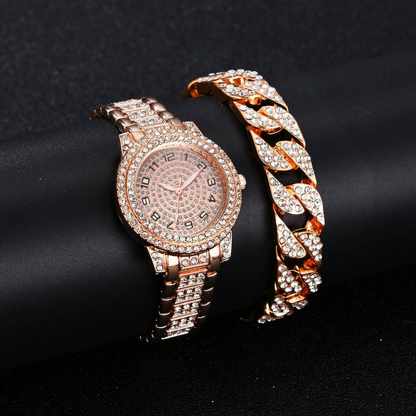 Alloy Band Quartz Watch With Roman Literal And Full Diamond For Women Leisure Style Round Dial