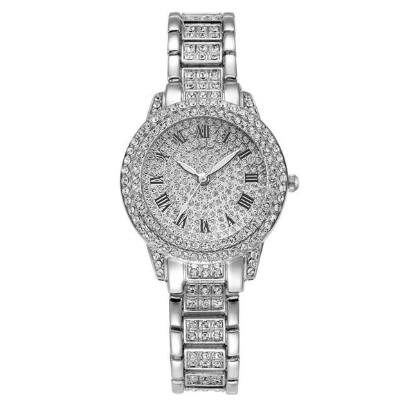 Alloy Band Quartz Watch With Roman Literal And Full Diamond For Women Leisure Style Round Dial