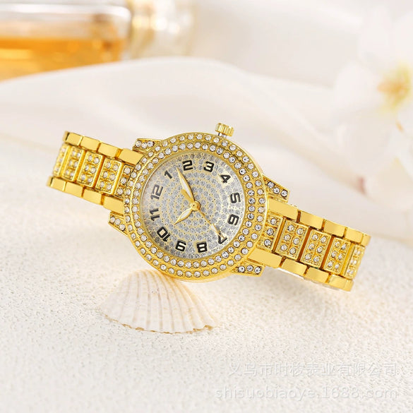Alloy Band Round Dial Quartz Watch Hip Hop Style Full Diamond