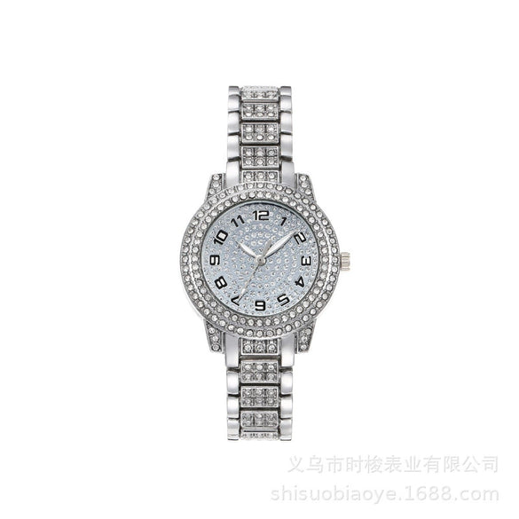 Alloy Band Round Dial Quartz Watch Hip Hop Style Full Diamond