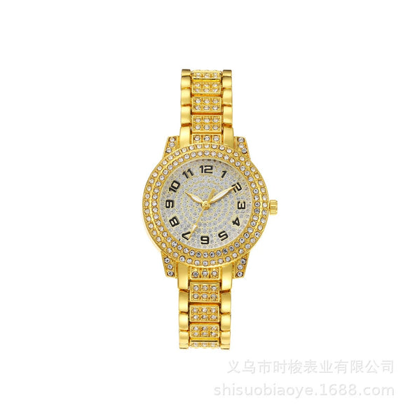 Alloy Band Round Dial Quartz Watch Hip Hop Style Full Diamond