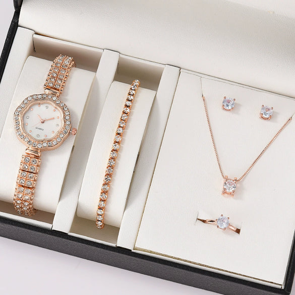 Alloy Band Women's Quartz Watch Set With Round Dial And Leisure Style