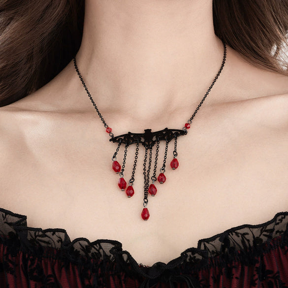 Alloy Bat Crystal Pendant Necklace With Heart And Drop Shape For Women In Dark Style And Electroplating Treatment Ball Chain