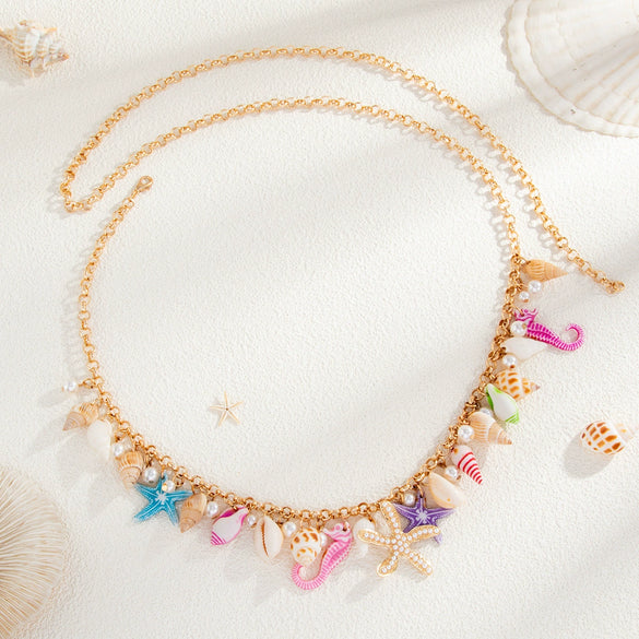 Alloy Beach Vacation Style Starfish And Conch Waist Chain Body Chain For Female Summer Imitation Pearl Jewelry
