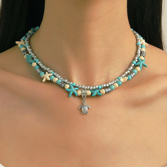 Alloy Bead Chain Women's Handmade Bohemian Animal Geometric Zodiac Turtle Pendant Starfish Turquoise Multi Layer Stacked Clavicle Necklace