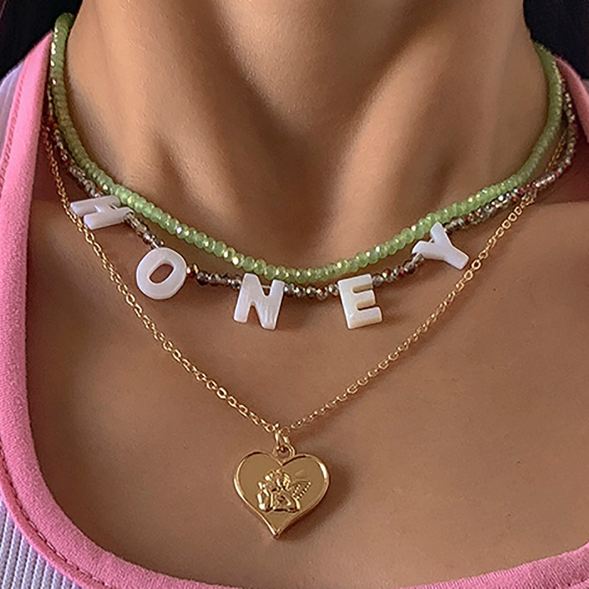 Alloy Bead Letter Stacked Heartshaped Pendant Collarbone Necklace For ...