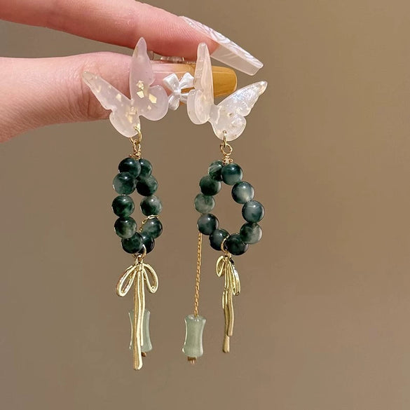 Alloy Beaded Bamboo Tassel And Pink Butterfly Animal Zodiac Electroplated Women's Earrings