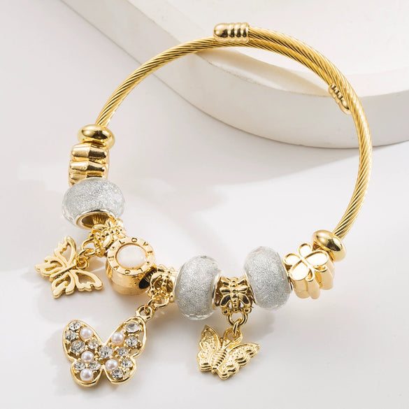 Alloy Beaded Bracelet Set With Diamonds Butterfly Geometric Style Women's