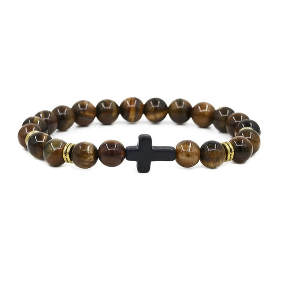 Alloy Beaded Bracelet With Red Turquoise Tiger Eye Stone Volcanic Stone Cross