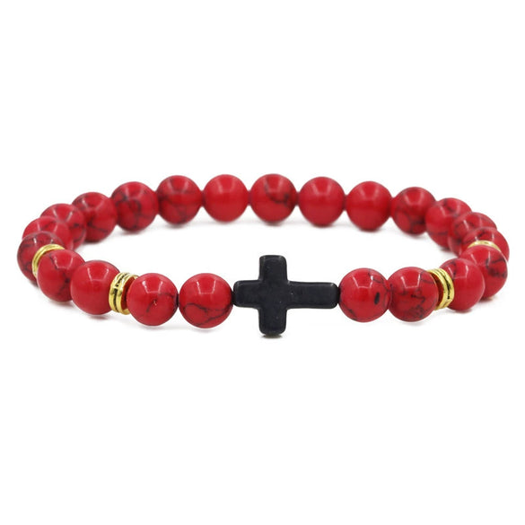 Alloy Beaded Bracelet With Red Turquoise Tiger Eye Stone Volcanic Stone Cross