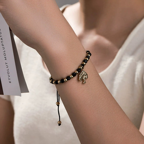 Alloy Beaded Couple Bracelet With Small Tree Pendant And Electroplating Style