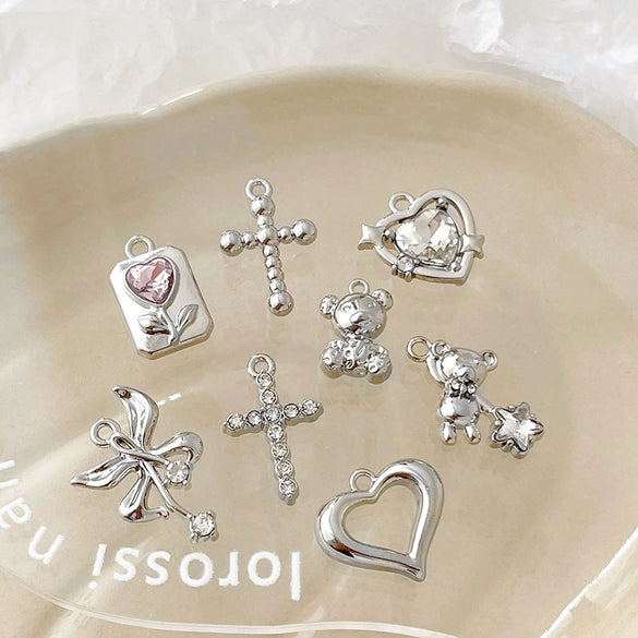 Alloy Beaded Pendant Bracelet Necklace With Cross And Bear Black Pink Lovely Style Electroplated Line Pattern