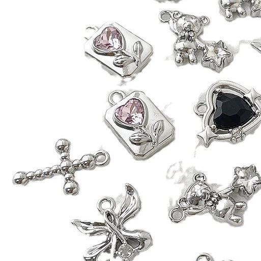 Alloy Beaded Pendant Bracelet Necklace With Cross And Bear Black Pink Lovely Style Electroplated Line Pattern