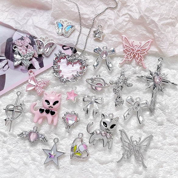 Alloy Beaded Pink Sweetheart Butterfly Love Cross Cat Pendant Electroplated Handmade Bracelet Necklace Accessories With Stars Love Pattern