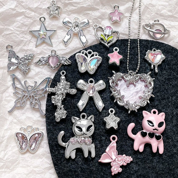Alloy Beaded Pink Sweetheart Butterfly Love Cross Cat Pendant Electroplated Handmade Bracelet Necklace Accessories With Stars Love Pattern