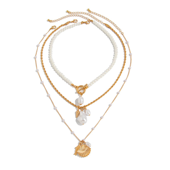 Alloy Beaded Shell Necklace With Geometric Ushaped Pendant And Electroplating For Women