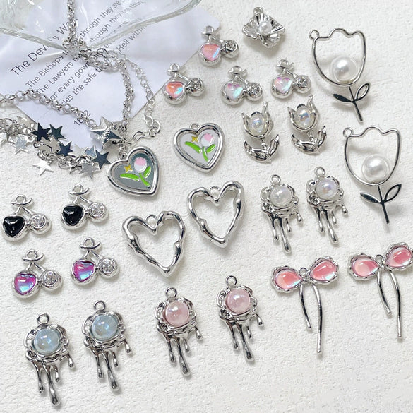 Alloy Beaded Y2k Sweet Heart Tulip Cherry Pendant Necklace And Bracelet Diy Handmade Accessories With Electroplating And Line Pattern